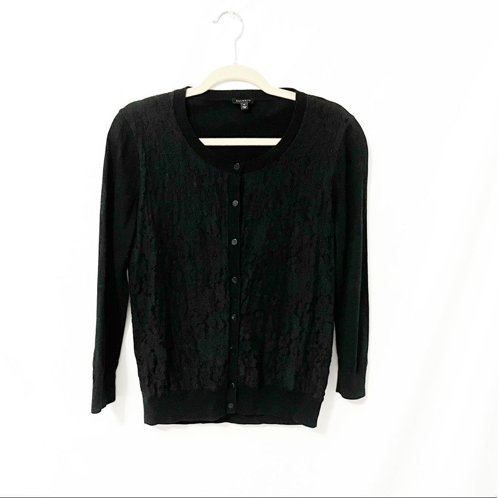 Talbots Black Lace Front Overlay Button Down Knit Cardigan Size M
